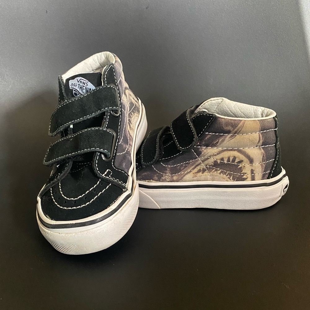 Vans black shark print hi-top sneakers kids toddler sz 11 velcro